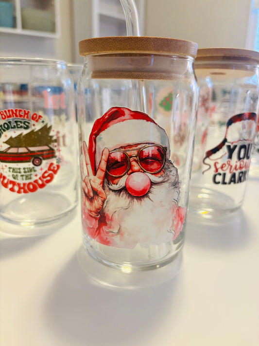 16oz Glass Can- Bubblegum Santa